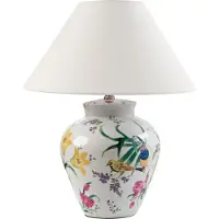 Beliani Tischlampe Weißer Porzellansockel Leinenglockenschirm mit Blumenmuster Beleuchtung Stilvoll