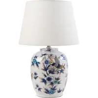 Beliani Tischlampe Weißer und blauer Porzellansockel Leinen-Trommelschirm mit floralem Muster Beleuchtung Stilvoll