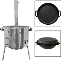 Grillpeter Utschak Set Timur Edelstahl mit Schornstein Kazan 15 Liter Gusseisen Deckel-Pfanne