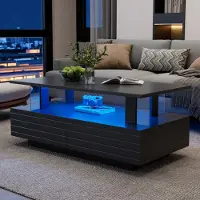 STILVORA Couchtisch LED-Beistelltisch mit Aufbewahrungsfunktion,Sofatisch mit Schublade&LED-Beleuchtung,mit Bluetooth-Handy-App-Steuerung,schwarz