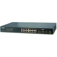 Planet Combo Managed Web Smart Ethernet Switch 16-Port 10/100TX 802.3at High Power PoE 2-Port Gigabit TP/SFP, 220W, Managed, L2, Fast Ethernet (10/100), Power over Ethernet (PoE), Rack-Einbau