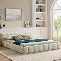 MODFU Doppelbett mit Matratze 140x200 Kinderbett Jugendbett mit quadratischem Steppdesign,Bettrahmen mit stabilem Eisenrahmen,Beige
