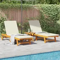vidaXL Möbel Rollbare Sonnenliegen 2er Set mit Tisch und Kissen aus massivem Akazienholz - Gartenliegen 3325206
