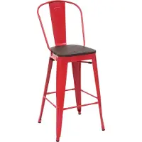 MCW Barhocker MCW-A73 inkl. Holz-Sitzfläche, Barstuhl Tresenhocker mit Lehne, Metall Industriedesign rot