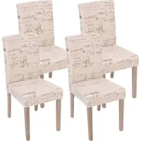 Mendler 4er-Set Esszimmerstuhl Littau, Stuhl Küchenstuhl Textil mit Schriftzug, creme, Beine Struktur - Eiche