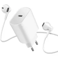 Avizar , USB-C Ladegerät 20 W Set mit 3,5 mm Kopfhörern und Mikrofon, Weiß
