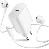 Avizar , USB-C Ladegerät 20 W Set mit Lightning Kopfhörern und Fernbedienung, Weiß