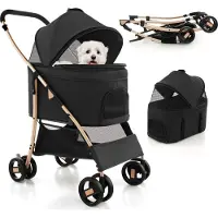 Costway 3in1 Hundewagen klappbar, Hundebuggy bis 15 kg mit Netzfenstern, Vordach, Träger, Korb Schwarz