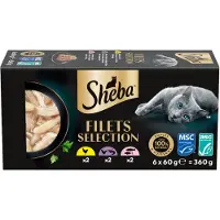 Sheba Filets Selection Huhn, Meeresfisch-Garnelen, Lachs-Thunfisch Katzen-Nassfutter Multipack (Schale 60 g)