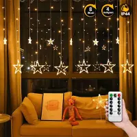 LZQ LED Weihnachtsbeleuchtung Sterne 3m mit timer für Innen - 138 LEDs Warmweiß Lichterkettenvorhang mit Fernbedienung und 8 Modi, IP44 Wasserfest