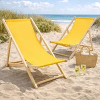 HAGO HAGO24 Strandliege Gelb 2er Set Sonnenliege Gartenliege Liegestuhl Klappstuhl Holz Kiefernholz Polyester 3fach verstellbar faltbar Balkon Terrasse 120kg