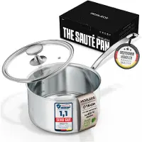 Morleos Stielkasserolle Edelstahl - 1,7 Liter, Ø 16x10 cm, 1,3 kg - mit modernem, flachem Glasdeckel - energiesparender kleiner Topf aus 5-Schichten - Induktion
