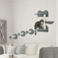 SUGIFT Katzen Kletterwand Set wandmontiert 4-tlg., Kletterstufen Kratzbaum Hängematte, Plüsch Sisal Spanplatte, Grau | 40 x 28 x 73 cm | 8 kg | für Katzen