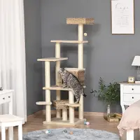 SUGIFT Kratzbaum 174 cm PE-Rattan Höhle, Katzenturm mehrstöckig, Kletterbaum Beige-Braun | 55 x 55 x 174 cm | 23,8 kg | MDF E1 + Sisal + Plüsch 220 gsm