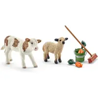 Schleich - Tierfiguren, Stallpflege mit Kalb und Schäfchen; 41422