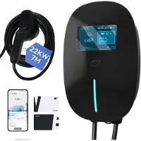 Puluomis Wallbox Ladestation 22kW Ladekabel 7m Typ 2 mit Halter,EV Ladegerät 3-phasig 6-32A einstellbar, IP65 mit Wlan & Bluetooth 24h Timer Schwarz
