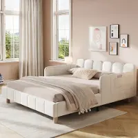 OKWISH Kinderbett 140x200 Polsterbett mit gepolstertes Kopfteil und Rausfallschutz Einzelbett mit Seitentasche Samt Beige (ohne Matratze)