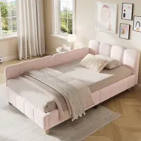 OKWISH Kinderbett 90x200 Polsterbett mit gepolstertes Kopfteil und Rausfallschutz Einzelbett mit Seitentasche Samt Rosa (ohne Matratze)