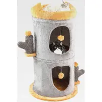 Markenlos Kratztonne Katzentonne, Spieltonne mit 2 Katzenhöhlen, Separates Design, Katzenbett, 2 Bällen & Pfosten, Katzenhaus für Katzen, Ø48 x 83 cm, Katzenkratzbaum Kratzbaum Katzenbaum, Grau
