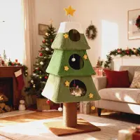 Markenlos Kratzbaum Weihnachten, 162 cm Katzenbaum mit 3 Höhlen, Kratzsäule, 19 cm dickem Stamm, Hängebällen, Katzenkratzbaum Weihnachtsbaum, Kletterbaum für Katzen