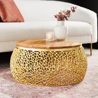 Invicta riess-ambiente Runder Couchtisch ABSTRACT LEAF 75cm gold Metall Akazienholz filigrane Beistelltisch Tisch