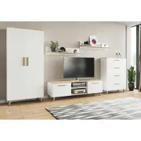 Matkam Wohnzimmermöbel-Set Nord 2, 5-teilig, 1 x TV-Kommode, 1 x Wohnzimmerschrank, 1 Schuladekommode, 2 x Hängeregale (Weiß-Artisan Eiche)