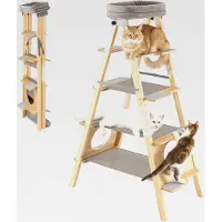 Markenlos Kratzbaum und Leiter, 5-stöckiger Katzenbaum mit Sisal-Kratzpfosten & gepolstertem Liegeplatz, Ladder Kletterturm faltbar, aus massivem Kiefernholz, Katzenkratzbaum groß, 151 cm hoch, Natur