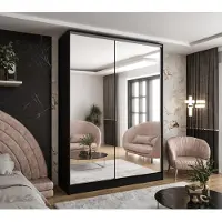 Caspian24 Moderner 2-türiger Kleiderschrank mit Schiebetüren in Schwarz mit 2 Spiegeln 150x58x250 cm – mit 2 Schubladen – für Schlafzimmer und Flur