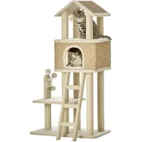 SUGIFT Kratzbaum groß mit Katzenhöhle, Katzenbaum 3 Ebenen Sisal Seegras Plüsch, Kletterbaum mit Leiter, Khaki-Beige-Kaffee | 69 x 40 x 131 cm | bis 5 kg