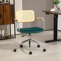 SUGIFT Bürostuhl Boho-Design, Drehstuhl höhenverstellbar, Schreibtischstuhl Holzarmlehnen, Grün | 65x58x94 cm | bis 120 kg | Polyester