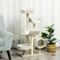 SUGIFT Kratzbaum 105 cm mit Tunnel, Plattformen, Kletterbaum Beige, Sisalfaser, Spielbaum | 50 x 40 x 105 cm | 9 kg | bis 5 kg Belastbarkeit
