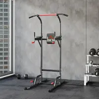 SUGIFT Power Tower Dip Station, Klimmzugturm höhenverstellbar, Kraftstation, Stahl, Schwarz+Rot | 123x98x239 cm | 7 Höhen | bis 120 kg