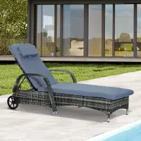 SUGIFT Sonnenliege PE-Rattan mit Auflage, Gartenliege Liegestuhl, Polyrattan Metall, Grau Blau | 200x73x103 cm | 5-fach verstellbar | mit Rollen