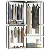 Markenlos Kleiderschrank, Offener Kleiderschrank mit 4 Regalen und 3 Kleiderstangen, 142x43x185 cm, Metallrahmen, für Schlafzimmer, Wohnzimmer, Ankleidezimmer, Creme