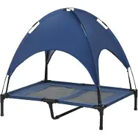 SUGIFT Hundeliege Netzstoff atmungsaktiv, Hundebett outdoor erhöht klappbar mit Baldachin, Dunkelblau | Tragetasche | 18 cm Bodenabstand | 92x76x90 cm