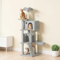 SUGIFT Kratzbaum 160 cm Hellgrau, Katzenturm Ohrenplattform, Katzenkratzbaum Sisal, Anti-Kipp-Set | 48 x 48 x 160 cm | 12,7 kg | bis 3 Katzen