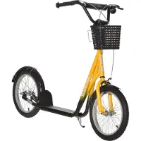 SUGIFT Tretroller Kickscooter, Kinderroller mit Korb & Becherhalter, Gummireifen Stahlrahmen, Orange-Schwarz | Doppelbremse | Lenker 90–96 cm | 139x58x96 cm