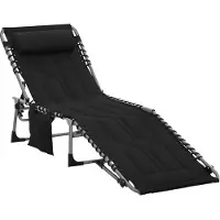 BundiGlassware Sonnenliege, klappbar Gartenliege mit Kopfkissen, Seitentasche, Liegestuhl mit 5-Fach verstellbare Rückenlehne, wetterfeste Campingliege bis 130 kg belastbar, für Garten Strand Pool, Schwarz