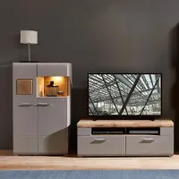 Lomadox Wohnzimmer Set FARO-36 in basalt mit Absetzungen in Eiche Hirnholz Nb. und Beleuchtung, B/H/T: ca. 240/139/47 cm