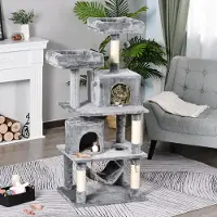 SUGIFT Kratzbaum 145 cm mit Hängematte, Katzenturm 2 Höhlen, Kletterbaum Grau, Sisalstämme, Plüsch | 60 x 50 x 145 cm | 17 kg | Spanplatte
