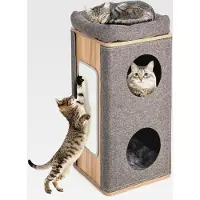 Markenlos 3-stufiger Katzenhöhle Holz, Katzenhaus mit Kratzbrett & abnehmbarem Matterobuster Katzenkratzbaum mit 2 Höhlen & 3 weichen Kissen, für Katzen bis 20 kg, Natur + Grau