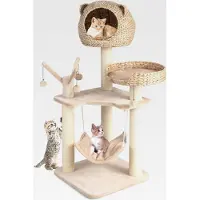 Markenlos Kratzbaum mehrstöckig, 121cm Katzenbaum mit Höhle & Hängematte & 4 Bällen & Bett, Kletterbaum für Katzen, Stabiler Katzenkratzbaum Katzenmöbel
