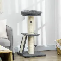 SUGIFT Kratzbaum mit Plattform, Hängespielball, Sisalpfosten, Katzenkratzbaum, Dunkelgrau/Cremeweiß | 48 x 48 x 92 cm | 7,24 kg | Lammfell-Imitat