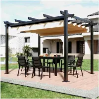 Markenlos Aluminium-Pergola 3x4 mit Schiebedach, verstellbarem Schattenbereich, UV-Schutz 50+, wasserdichter Pavillon 3x4, stabil und winterfest, Grillpavillon aus Metall für Gärten und Terrassen, Beige.