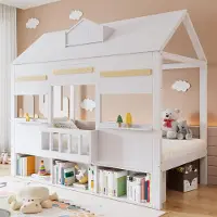 MODFU Einzelbett Kinderbett 90x200 mit einer Reihe Bücherregal Kinderbett Hausbett mit Sicherheitsgeländer mit Matratze Weiß