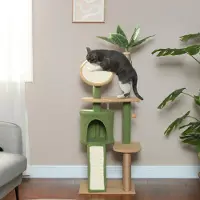 SUGIFT Kratzbaum mit Blätterdeko & Höhle, Sisal-Kratzpfosten, Rampe & Spielbälle, Grün | 48 x 44 x 139 cm | für 2 Katzen | 8,98 kg | Spanplatte & Plüsch