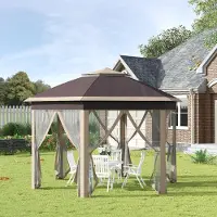 SUGIFT Faltpavillon 4x4 m Sechseck Pop-Up, Gartenpavillon Partyzelt, Doppeldach Metallgestell Polyester, Khaki | 405x405x285 cm | 20,3 kg | 6 Seitenteile
