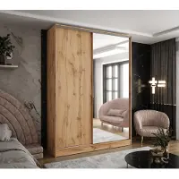 Caspian24 Moderner 2-türiger Kleiderschrank mit Schiebetüren in Wotan Eiche 180x58x250 cm – mit Spiegel – für Schlafzimmer, Flur und Ankleidezimmer