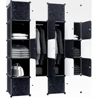 Markenlos Modulares Kleiderschrank-Regalsystem mit Schuhregal und Kleiderstange, platzsparendes Steckregalsystem, tragbarer Faltschrank mit Türen (20 Würfel, Schwarz+Weiß)