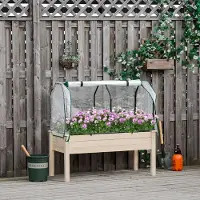 SUGIFT Pflanzkasten Frühbeet Tannenholz Vliesauskleidung, Hochbeet mit Folienabdeckung aufrollbar, Naturholz | rückenschonend | 121 L | 121x55x117 cm